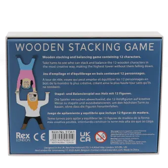 back of the wooden stacking characters packaging with safety warnings