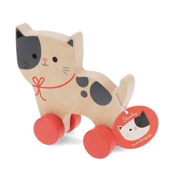 wooden push-along cat toy with red wheels and tag