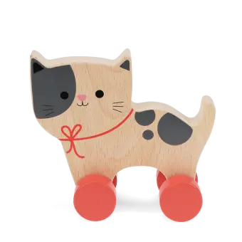 wooden push-along cat toy with red wheels
