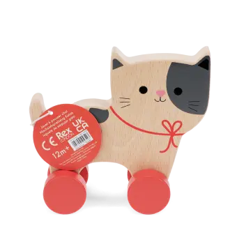 wooden push-along cat toy with red wheels and tag