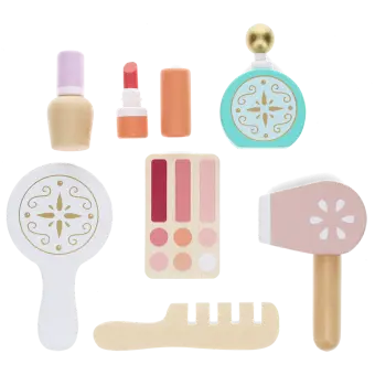 Wooden toy makeup set including mirror, lipstick, nail polish, and perfume.