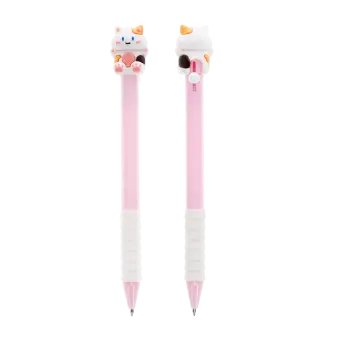 Retractable ballpoint pen in pink showing a cute cat sitting atop