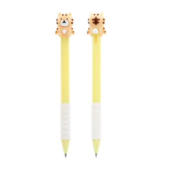 Retractable ballpoint pen in yellow showing a cute tiger sitting atop