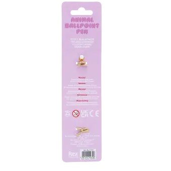 Animal ballpoint pen packaging showing safety warnings in multilingual