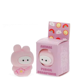 pink bunny shaped pencil sharpener beside the box 