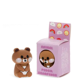 brown bear shaped pencil sharpener beside the box 