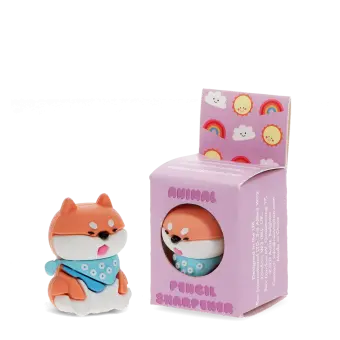 dog shaped pencil sharpener beside the box 