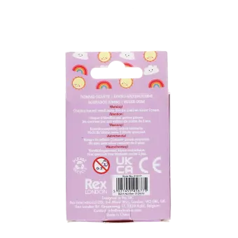 Packaging of a doughnut-shaped unicorn eraser displaying a multilingual safety warning