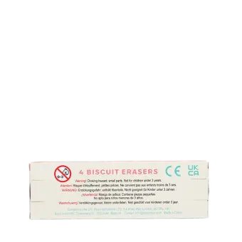 Back of packaging for 4 biscuit erasers showing multilingual safety warnings