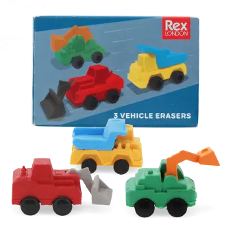 Truck-shaped erasers with packaging box displayed in the background
