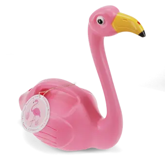 Plastic pink flamingo watering can with a yellow beak.