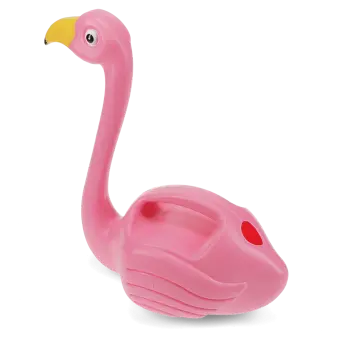 Plastic pink flamingo watering can with a yellow beak.