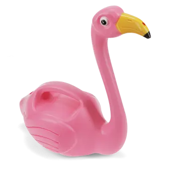 Plastic pink flamingo watering can with a yellow beak.