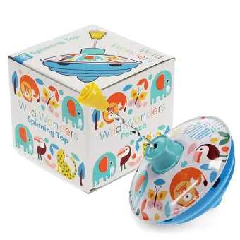 colourful spinning top with animal illustrations and a box