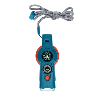 Blue 7-in-1 safety whistle with grey lanyard