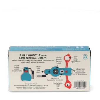 Back of 7 in 1 safety whistle packaging showing multilingual features