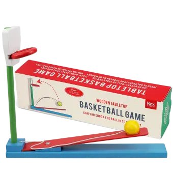wooden tabletop basketball game with a box