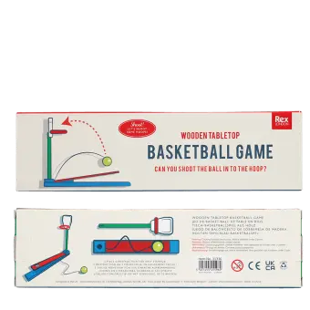 wooden basketball game packaging box showing safety warnings in multilingual 