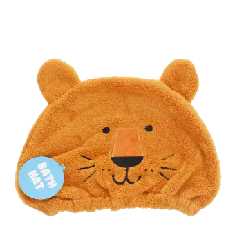 Baby bath hat featuring a lion face with ears, in soft orange fabric with tag