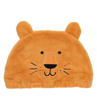 Baby bath hat featuring a lion face with ears, in soft orange fabric