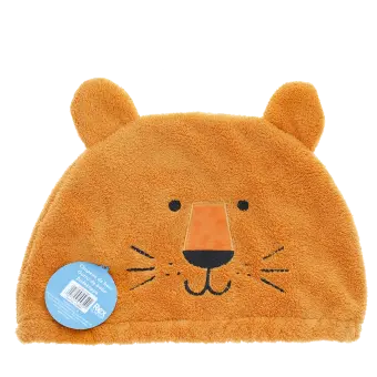 Baby bath hat featuring a lion face with ears, in soft orange fabric with tag