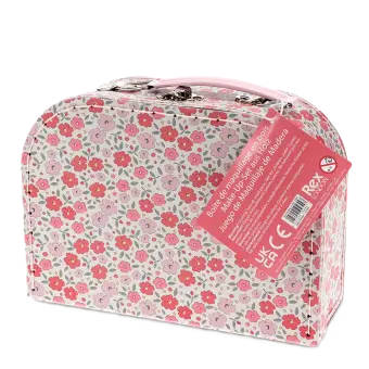 wooden makeup set in floral carry case with safety warning tab