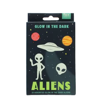 Package of glow-in-the-dark aliens featuring illustrations of planets, a flying saucer, and aliens.