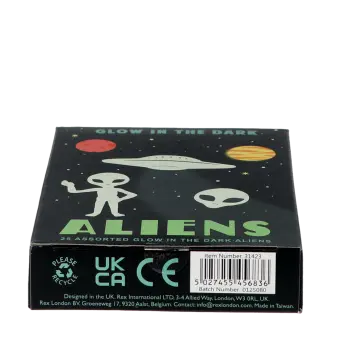 Package of glow-in-the-dark aliens featuring illustrations of planets, a flying saucer, and aliens with barcode