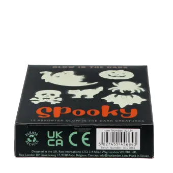 Package of glow-in-the-dark spooky in assorted shapes with barcode