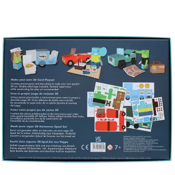 Back of 3D card playset box with safety warnings and multilingual instructions.