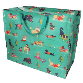 Large rectangular storage bag printed with dogs in Christmas-themed outfits, with handles