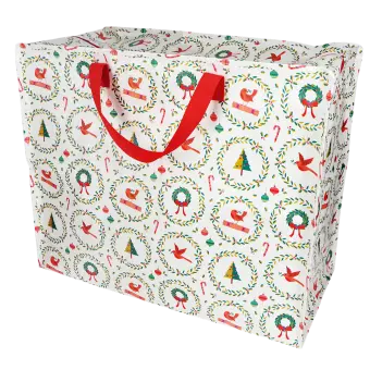 Large rectangular storage bag with a festive Christmas design and a red carrying handles