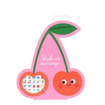 Stick-on earrings in a pink cherry-shaped packaging