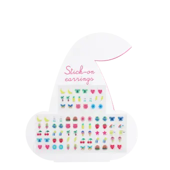 Stick-on earrings displayed in various colourful shapes and designs