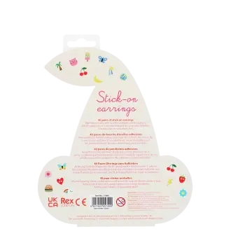 Back of stick-on earrings packaging with colourful icons and multilingual safety warnings.