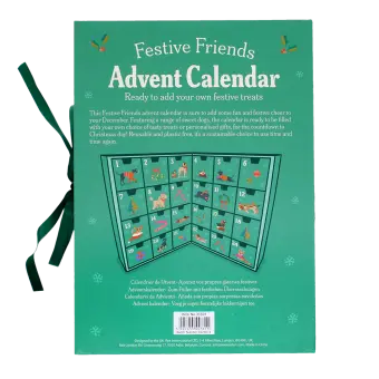 Back of the Festive Friends Advent Calendar box with multilingual product description and barcode