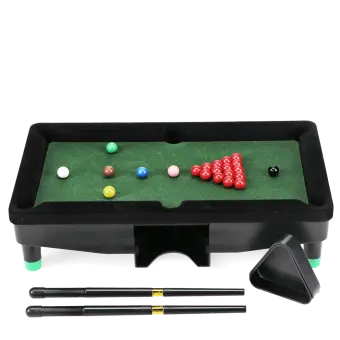 Table top snooker game set up with balls, cues, and rack out of the box