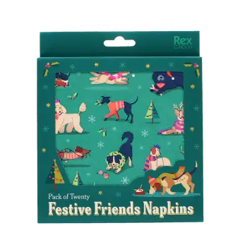 festive friends napkins feature illustrations of dogs with packaging box