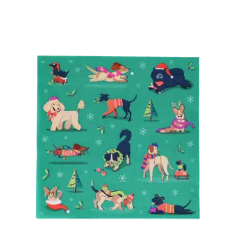 festive friends napkins feature illustrations of different dogs in winter clothing