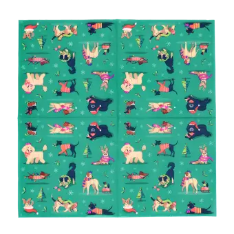 festive friends napkins feature illustrations of different dogs in winter clothing