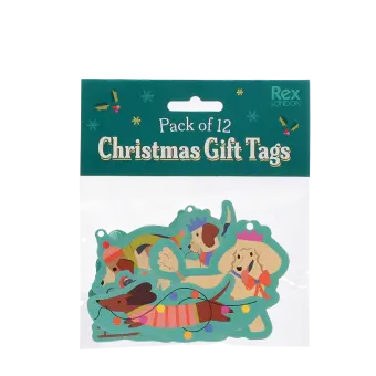 A package of 12 Christmas gift tags featuring dog designs