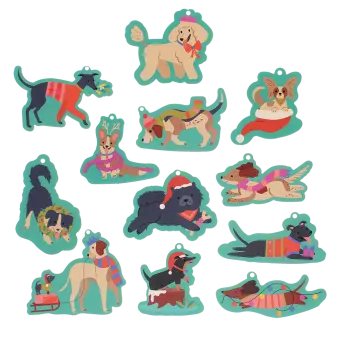 12 Christmas gift tags featuring various dog designs