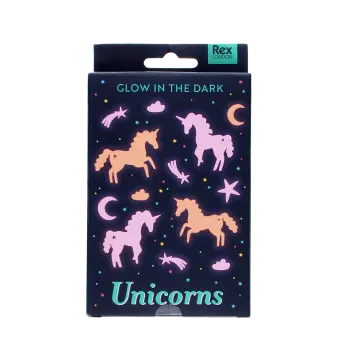 Package of glow-in-the-dark unicorn printed with unicorns, stars, moons, and clouds