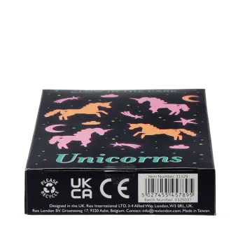 Package of glow-in-the-dark unicorn printed with unicorns, stars, moons, and clouds, including a barcode.