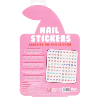 Back of nail stickers packaging with multilingual safety warnings.
