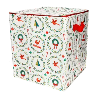Cube-shaped storage bag with festive Christmas illustrations, featuring a red side handle