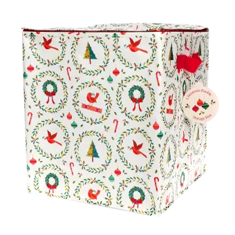 Cube-shaped storage bag with festive Christmas illustrations, featuring a red side handle and a tag