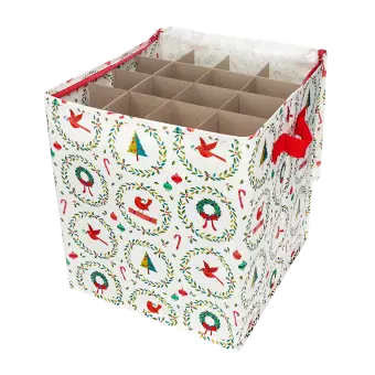 Festive storage bag with compartments for ornaments, decorated with Christmas-themed patterns and red handles