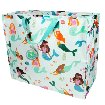 large rectangular bag with a light blue background, featuring colourful mermaid print