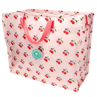 large rectangular bag with a cherry pattern on a light pink background